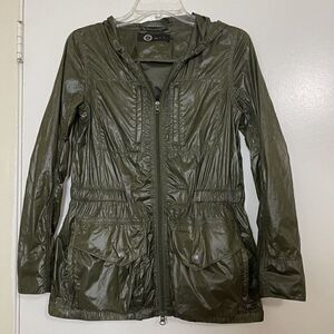 AGNES B. Dark Green Full zip Lightweight utility windbreaker hooded jacket SZ 1